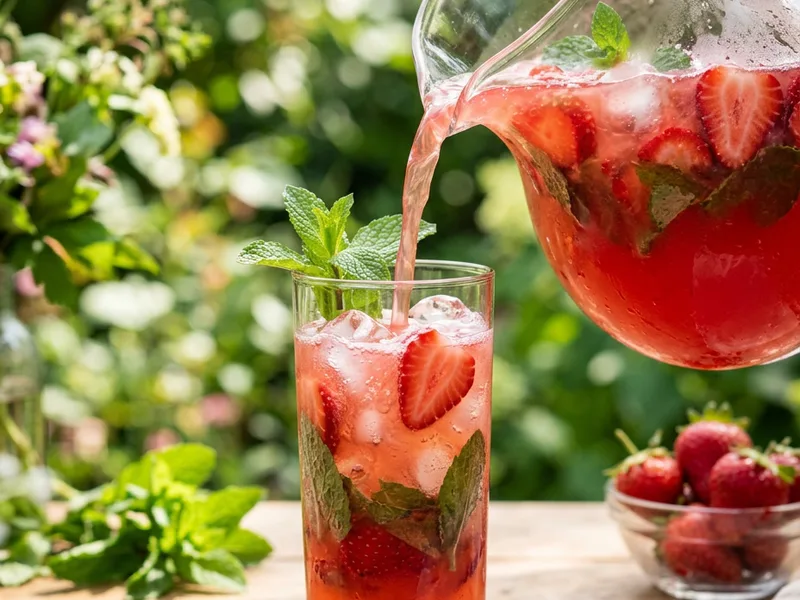 Pitcher of strawberry lemonade being poured into a glass