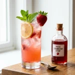 Strawberry syrup in a glass bottle beside a glass of pink strawberry lemonade with fresh strawberries and mint