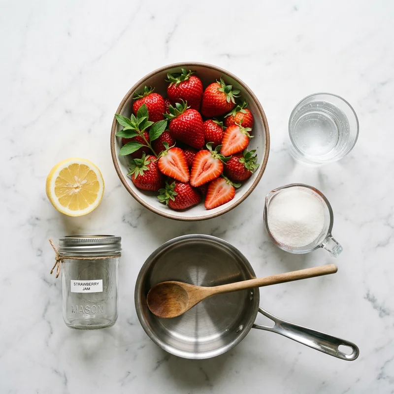 Fresh strawberries, sugar, water and lemon for making homemade strawberry syrup