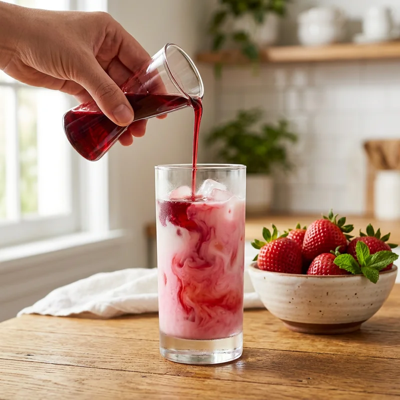 Pouring strawberry syrup into a glass of cold milk with ice for homemade strawberry milk