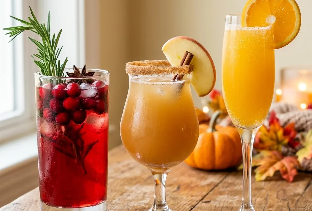 thanksgiving mocktails: cranberry punch, apple cider mocktail and mockmosa on a festive table