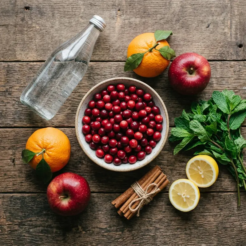 thanksgiving mocktails ingredients: cranberries, oranges, apples, cinnamon sticks and fresh mint