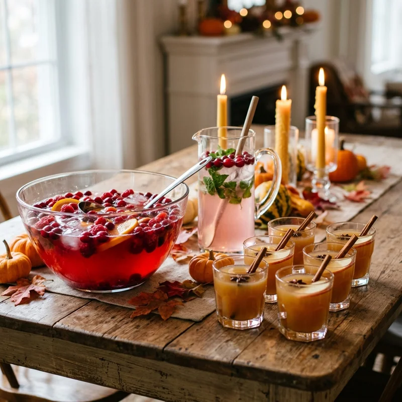 thanksgiving mocktails on a holiday table: berry punch, cranberry water and apple cider mocktail with autumn decor