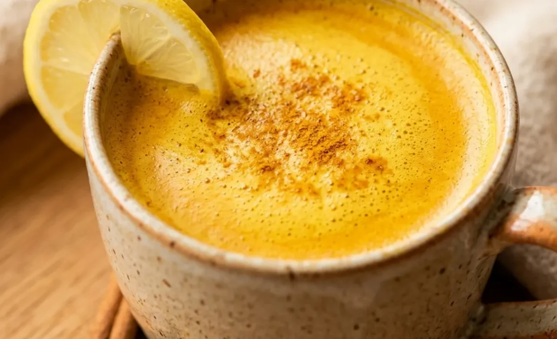 Golden turmeric tea recipe in a ceramic mug with cinnamon and lemon