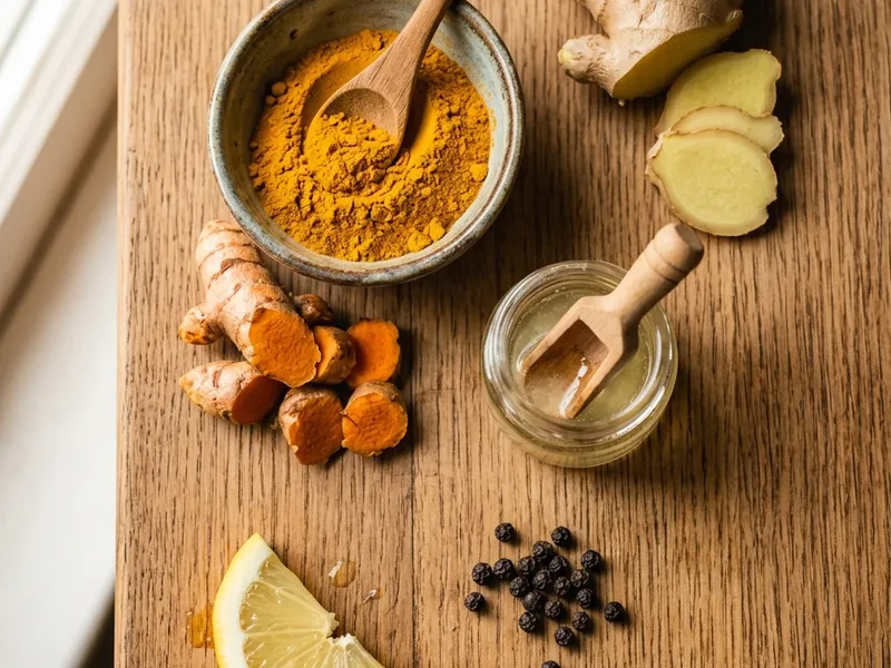 Ingredients for turmeric tea recipe: turmeric, black pepper, ginger, coconut oil