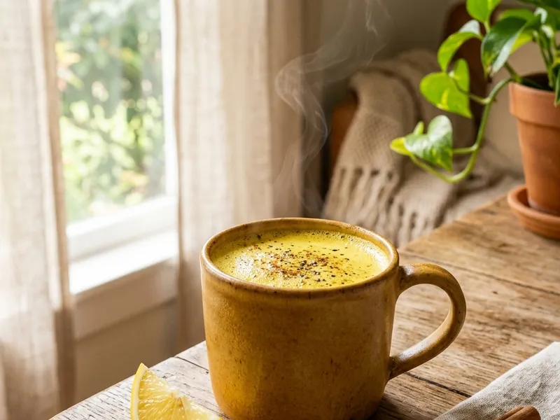 Mug of turmeric tea recipe served by a sunny window
