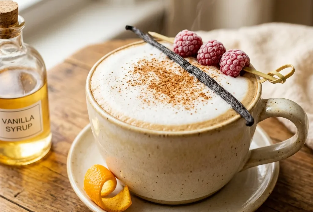 Vanilla latte in a glass mug with foam beside a small bottle of vanilla syrup and a vanilla bean