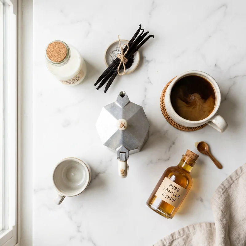 Vanilla syrup, espresso, milk and vanilla beans laid out for making a vanilla latte