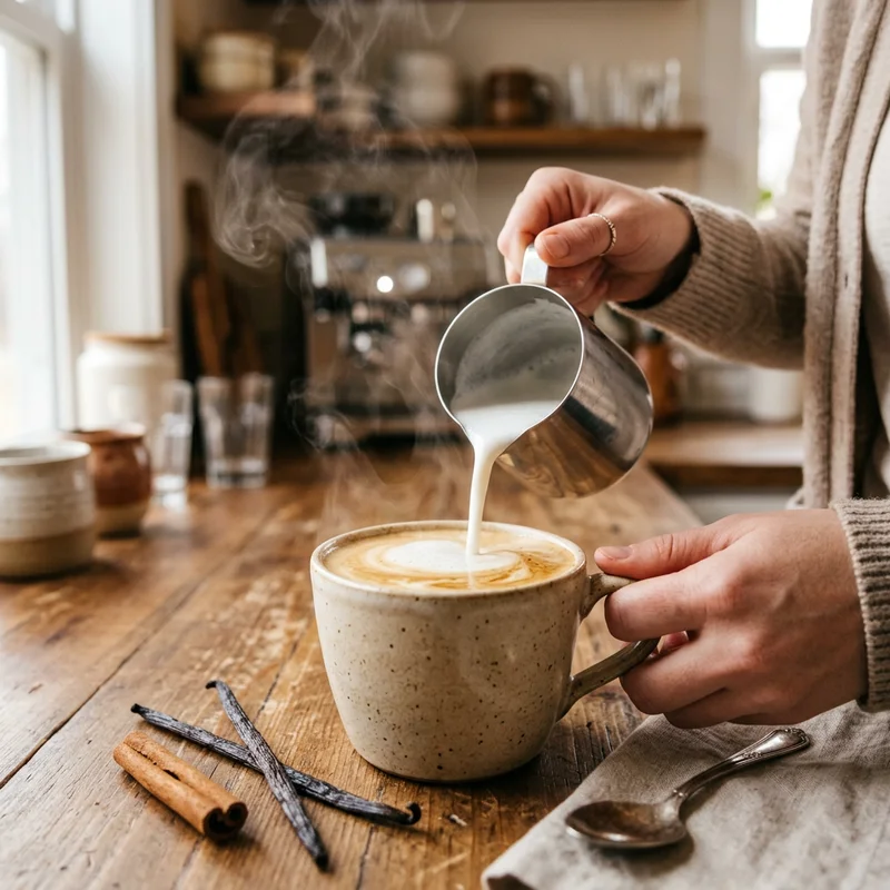 Pouring steamed milk into a vanilla latte in a ceramic mug