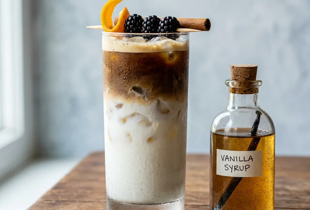 Vanilla syrup in a glass bottle beside an iced vanilla latte with vanilla bean and cinnamon stick