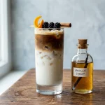 Vanilla syrup in a glass bottle beside an iced vanilla latte with vanilla bean and cinnamon stick