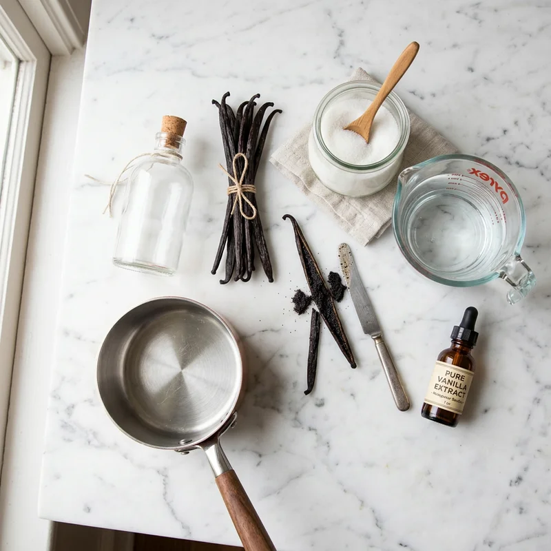 Vanilla beans, sugar, water and extract laid out to make homemade vanilla syrup