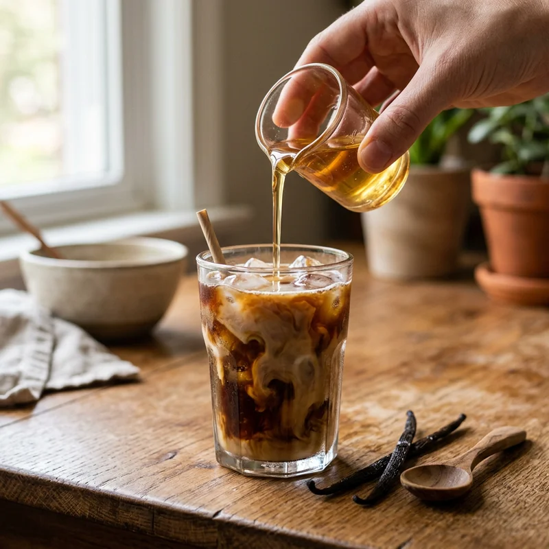 Pouring homemade vanilla syrup into a glass of iced coffee with milk